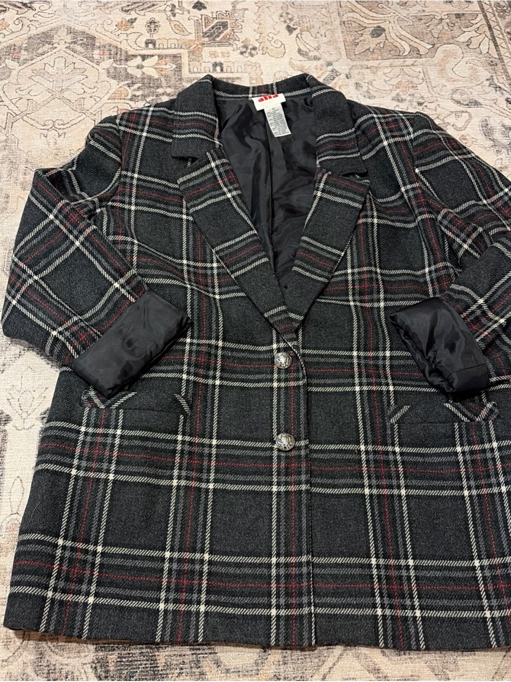 Alia Black Plaid Single-Breasted Blazer Jacket with Red Accent